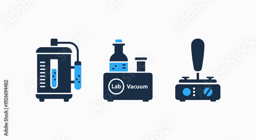 Set of scientific laboratory equipment icons: vacuum pump, beaker with liquid, and a device with a lever, for research and experiments.