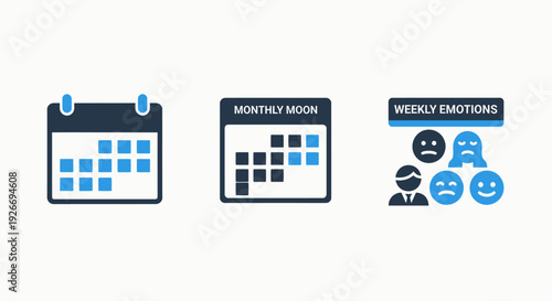 Versatile Calendar Icons: Monthly Scheduling, Moon Phase Tracking, and Weekly Emotion Log for Personal and Business Planning