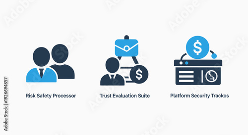 Business security and data management icons representing risk safety processing, trust evaluation, and platform security tracking systems.