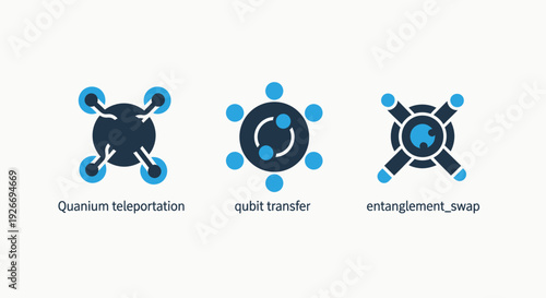 Advanced Quantum Physics Concepts: Teleportation, Qubit Transfer, and Entanglement Swap Icons for Cutting-Edge Technology