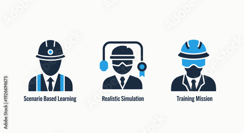 Industrial safety and professional development icons illustrating scenario-based learning, realistic simulation, and training missions for workers.