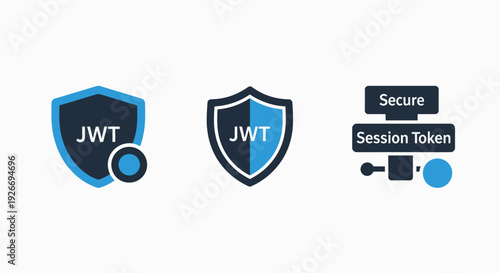 Cybersecurity and web development icons depicting JWT (JSON Web Token) and secure session token concepts for data protection.