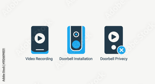 Modern flat design icons for video recording, smart doorbell installation, and doorbell privacy settings, suitable for home security, smart living, and surveillance applications.