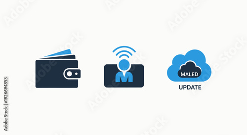 Modern flat icons representing financial wallets, wireless communication, and cloud data updates, ideal for fintech, mobile banking, and digital information management.