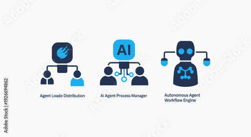 Flat design icons for agent load distribution, AI process management, and autonomous agent workflow engines, crucial for artificial intelligence and automation systems.