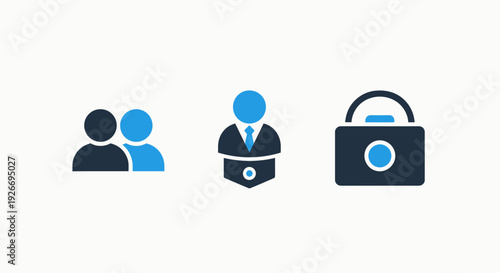 Modern user interface icons: group of people, businessman, and security lock, representing collaboration, management, and data protection. Clean vector illustration on white background.