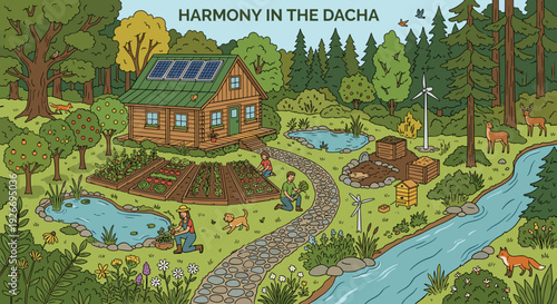 Detailed cartoon illustration of a self-sufficient family homestead with a wooden cabin, solar panels, and a lush vegetable garden surrounded by a peaceful forest