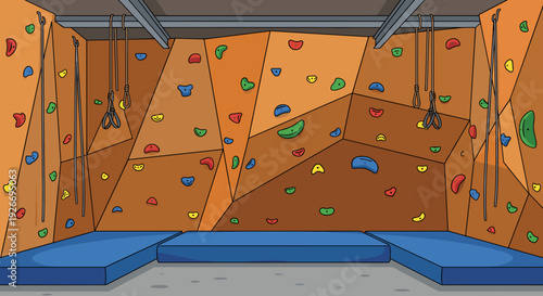 Indoor climbing wall with colorful handholds and footholds in an empty gym with blue safety mats on the floor, a cartoon vector illustration for sport and recreation concepts