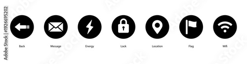 Digital Essentials web banner vector featuring Back, Message, Energy, Lock, Location, Flag, and Wifi for modern communication and connectivity.