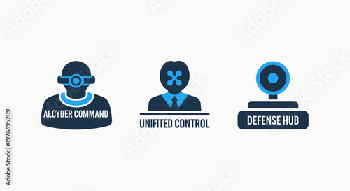 Artificial Intelligence (AI) Cyber Command and Defense Hub Icons. Modern vector illustrations symbolizing unified control, network security, and technological protection.