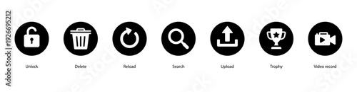 Digital Actions web banner vector illustration featuring Unlock, Delete, Reload, Search, Upload, Trophy, and Video Record for daily online functions.