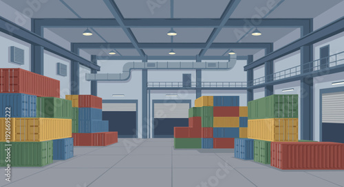 Spacious industrial warehouse interior with colorful shipping containers stacked on the concrete floor, a flat vector illustration of a modern logistics and storage facility