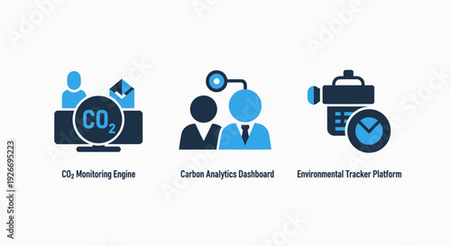 CO2 Monitoring, Carbon Analytics Dashboard, and Environmental Tracker Platform Icons. Modern vector illustrations for sustainability, climate change, and eco-friendly technology.