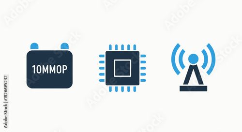 High-Performance Computing, Microchip Processor, and Wireless Connectivity Icons. Modern vector illustrations for advanced technology, data processing, and communication networks.