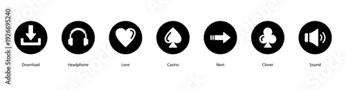 Online Interaction web banner vector illustration featuring Download, Headphone, Love, Casino, Next, Clover, and Sound for modern lifestyle and entertainment.