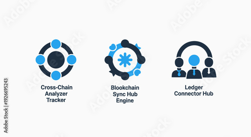 Cross-Chain Analysis, Blockchain Synchronization, and Distributed Ledger Hub Icons. Modern vector illustrations for cryptocurrency, web3, and decentralized technology.