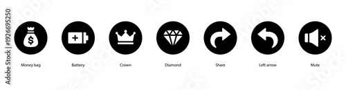 Digital Features web banner vector illustration featuring Money Bag, Battery, Crown, Diamond, Share, Left Arrow, and Mute for finance, power, and communication.