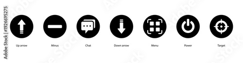 Navigation Tools web banner vector illustration featuring Up Arrow, Minus, Chat, Down Arrow, Menu, Power, and Target for digital communication and control.