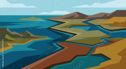 Geometric landscape illustration of a river delta flowing into the sea with distant mountains under a cloudy sky in a flat, minimalist art style