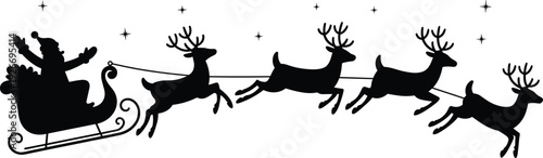 Black silhouette of Santa Claus in a sleigh pulled by reindeer flying through a starry night sky on white background