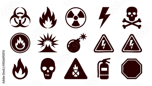 Warning and hazard safety icon set with biohazard and toxic symbols, Industrial danger sign collection featuring fire and high voltage icons, Black flat vector icons for emergency safety and risk mana