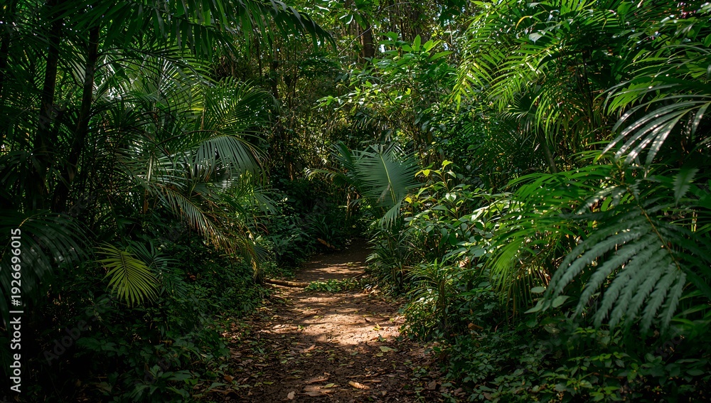 Obraz premium Path into lush green jungle with dense foliage. The sunlight filters through the canopy, creating a dappled effect on the ground