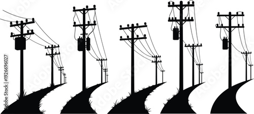 Silhouette of leaning telephone poles and power lines along rural roadside, dramatic perspective of electricity infrastructure at sunset skyline