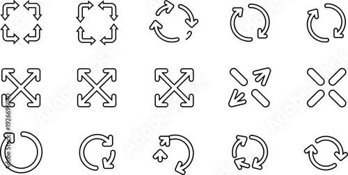 Collection of minimalist arrow icons and symbols, refresh and sync signs, expand and collapse pointers, flat vector flavector, isolated set.