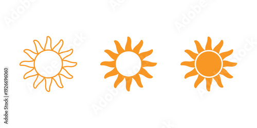 Radiant orange sun icon set, Outline, silhouette, and filled vector graphics