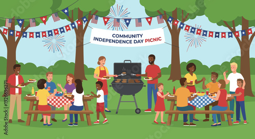 Happy community of diverse people celebrating a national holiday with a summer barbecue picnic, grilling burgers in a park with patriotic flags and fireworks