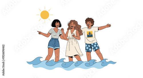 Three happy friends in summer clothing stand together in blue ocean waves under a bright yellow sun in a flat cartoon illustration style.