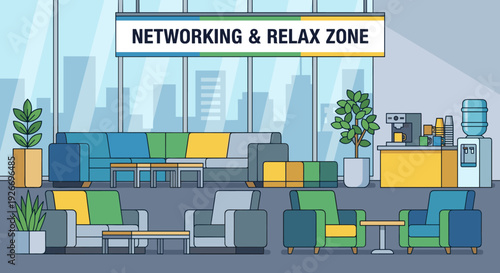 Modern office networking and relax zone illustration with colorful furniture, a coffee station, and large windows showing a city skyline, depicted in a clean flat line art style