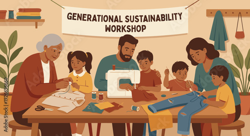 Multi-generational family with children learning to sew and mend clothes together at a sustainability workshop with a sewing machine, needles, and thread in a cozy setting