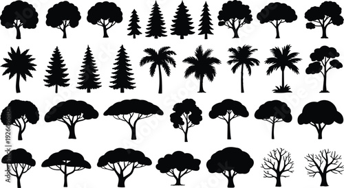 Collection of various tree silhouettes and outlines, forest evergreen icons, construction machinery excavators, worker person silhouettes, flat vector flavector set.