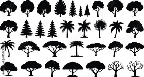 Collection of various tree silhouettes and outlines, forest evergreen icons, construction machinery excavators, worker person silhouettes, flat vector flavector set.