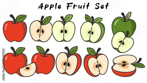 Fresh apple fruit set showcases vibrant red and green apples, sliced to reveal their juicy interiors. This delightful collection highlights beauty and variety of apples, perfect for any design