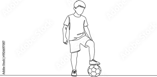 continuous line drawing of boy in sports clothes standing with one foot placed on soccer ball, line art vector illustration