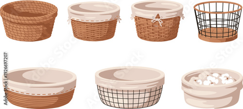 Wicker storage basket vector set with fabric liners and wire container for home organization laundry and interior decor design.