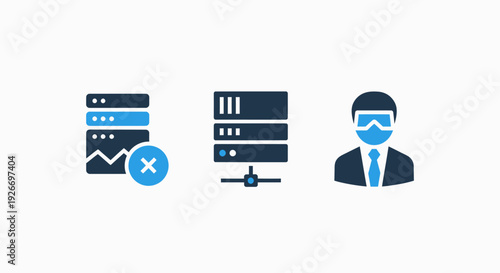 Icons representing servers, data analysis with a cross-out symbol, and a user in VR goggles, for IT, data security, and virtual reality concepts in blue and dark blue.