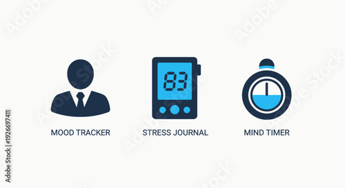 Set of Icons Representing Mental Wellness and Productivity Tools: Mood Tracker, Stress Journal, and Mind Timer. Clean, modern vector graphics with blue and navy colors.