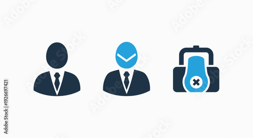 Three modern icons: person silhouette, person silhouette with clock face, and a luggage bag with a cross mark, symbolizing personal management, time management, and lost baggage or restrictions.