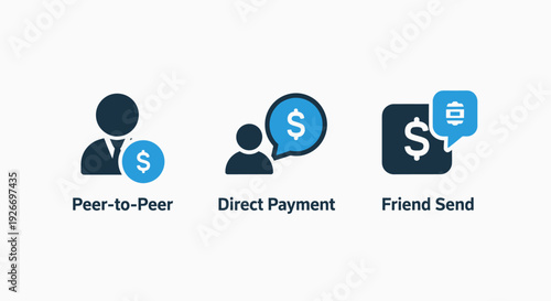 Financial icons illustrating peer-to-peer transactions, direct payments, and friend transfers. Featuring user silhouettes, dollar signs, and speech bubbles in a clean, modern style.