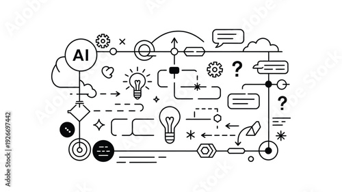 innovation technology ai development process abstract frame illustration, futuristic artificial intelligence system concept for software engineering projects.