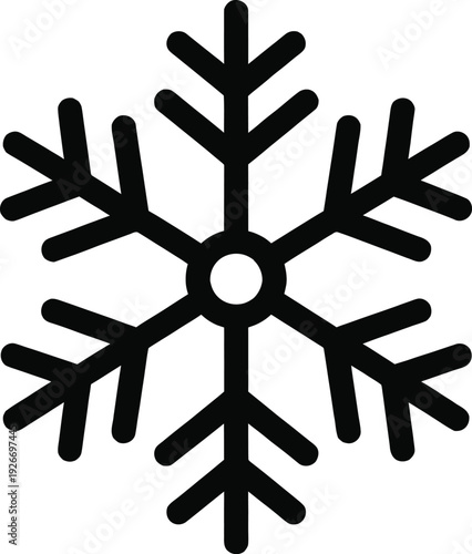 A simple black snowflake icon on a white background