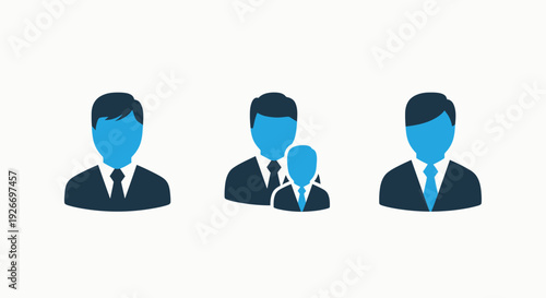 Modern flat vector icons depicting business people: single professional, manager with subordinate, and a solo executive, representing team dynamics, hierarchy, and individual roles in a corporate sett