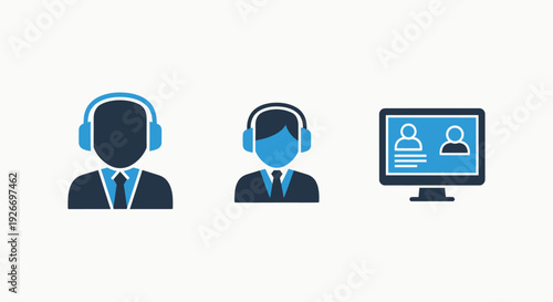 Customer support icons: agent with headphones, another agent in profile, and a video call interface showing two people, symbolizing online assistance, call center operations, and virtual communication