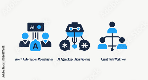 AI agent icons showing coordination, pipeline execution, and task workflow, illustrating artificial intelligence, automation, and process management.