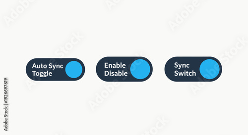 Toggle switch icons for enabling, disabling, and auto-syncing features, representing user control and automation in digital interfaces and settings.