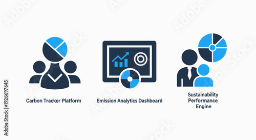 Icons for carbon tracker, emission analytics, and sustainability performance, showcasing environmental data, ESG reporting, and corporate responsibility.