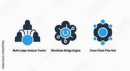 Abstract icons symbolizing blockchain and network analysis: multi-ledger analysis, blockchain bridge, and cross-chain flow.